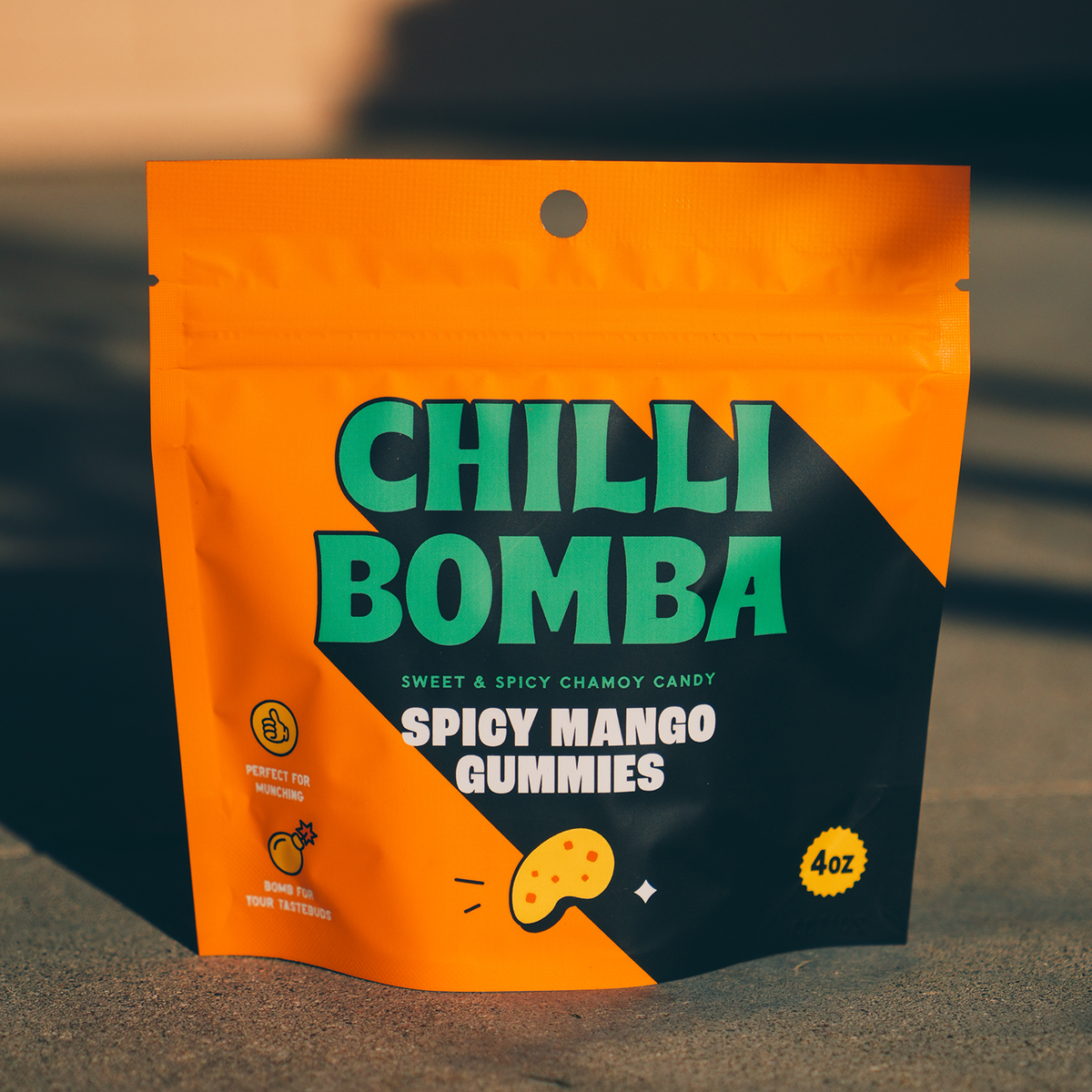 Chilli Bomba Spicy Mango Gummies Chili Chamoy Candy 4oz Bag