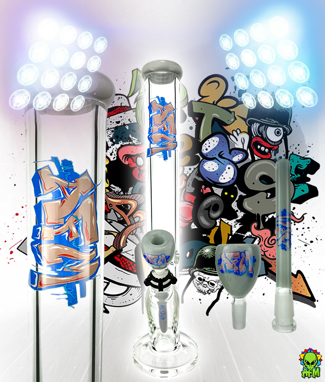 18" AFM Wildstyle Graffiti 9mm Colored Glass Straight Beaker Bong Bundle