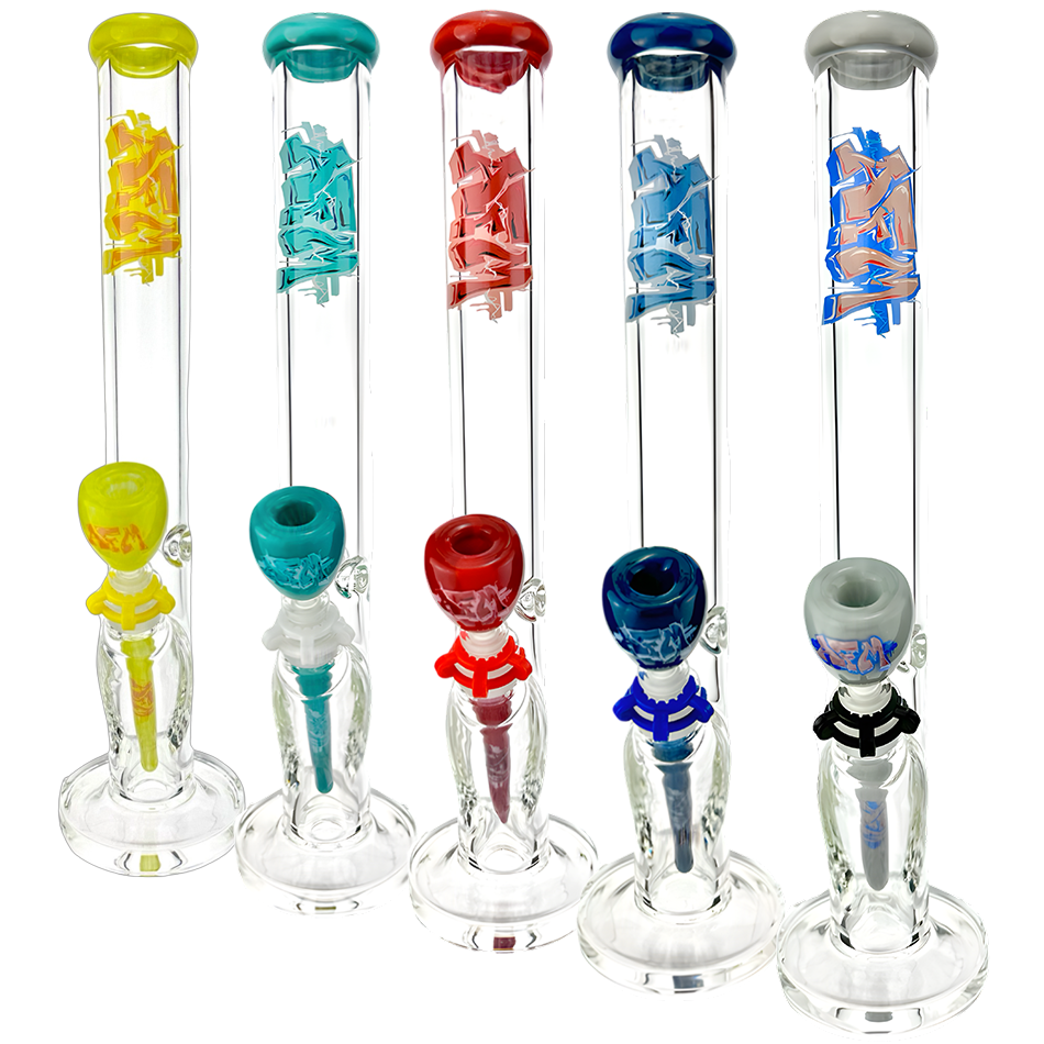 18" AFM Wildstyle Graffiti 9mm Colored Glass Straight Beaker Bong Bundle