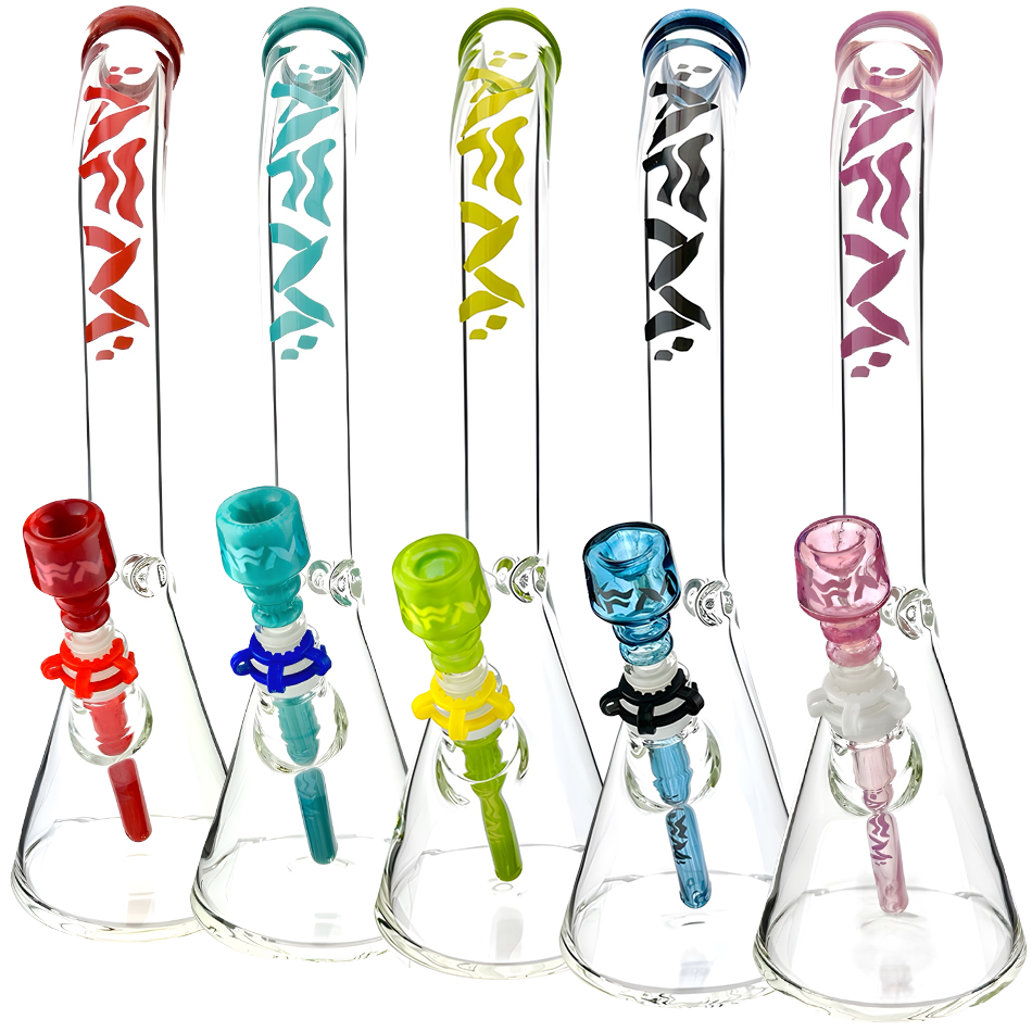 18" AFM Wavy Bent Neck 7mm Colored Lip Glass Beaker Bong Bundle