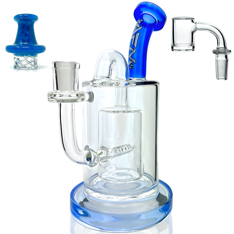 8" AFM Pump Color Glass Recycler Dab Rig + Quartz Banger & Carb Cap Bundle
