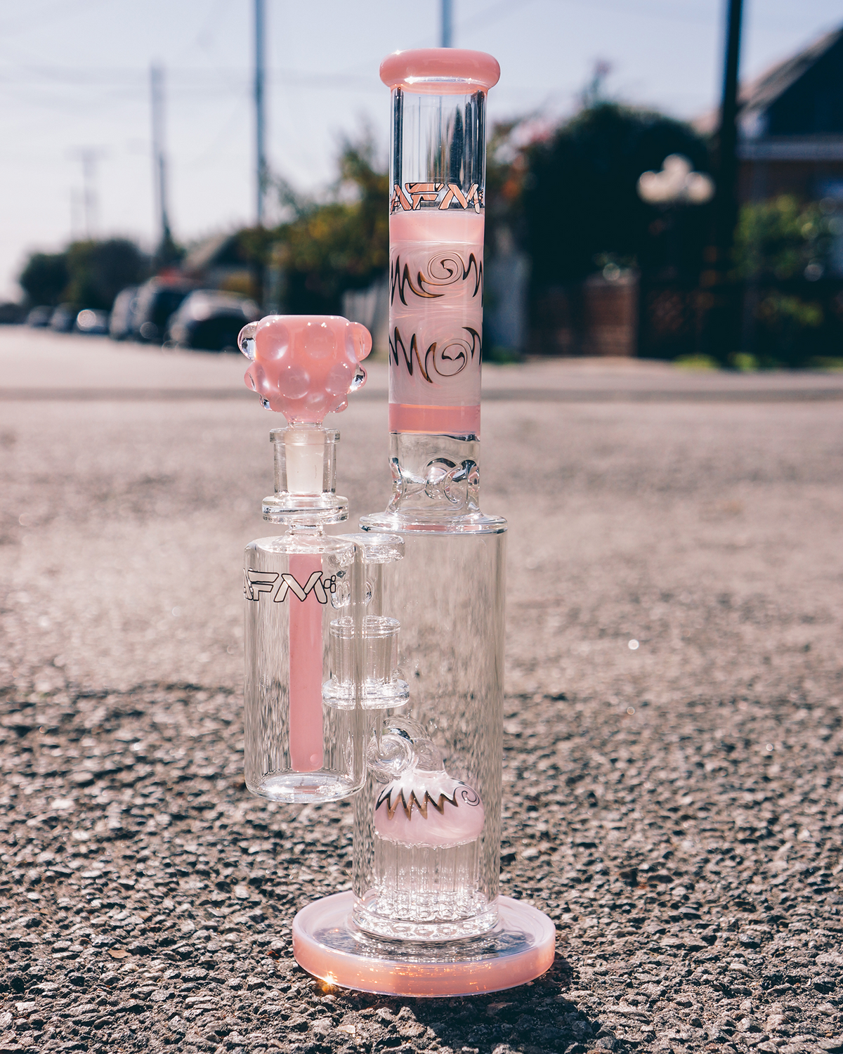 14" AFM Glass Reversal Arm Pink Glass Straight Tube Bong Bundle