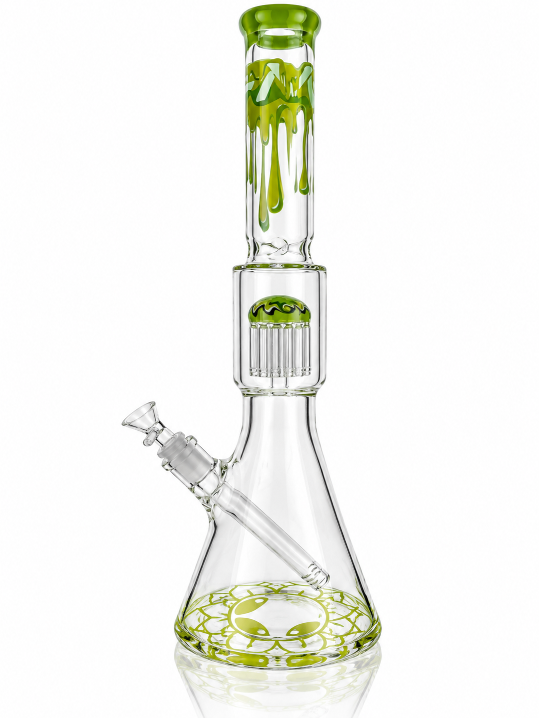 18" AFM Alien Slime beaker bong with slime green alien base and bowl, side view