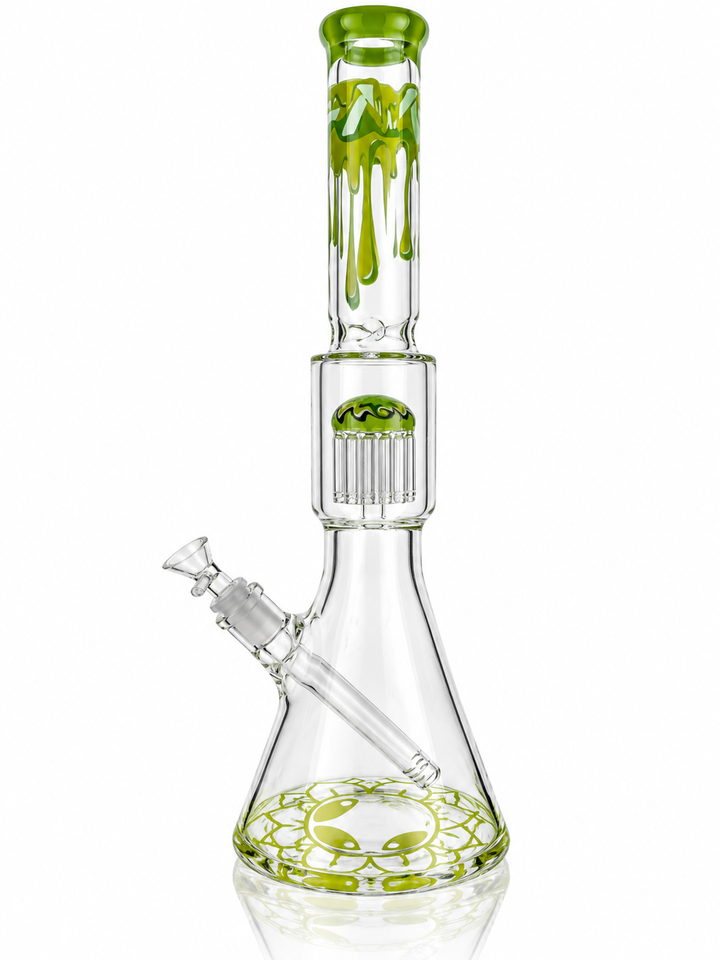 18" AFM Alien Slime beaker bong with slime green alien base and bowl, side view
