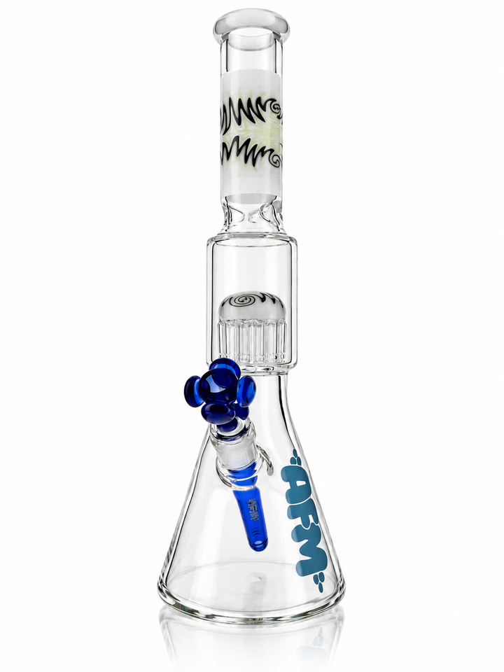 16 inch AFM WigWag tree perc beaker bong in Ivory Blue with ivory wigwag neck, teal AFM logo and blue color bowl