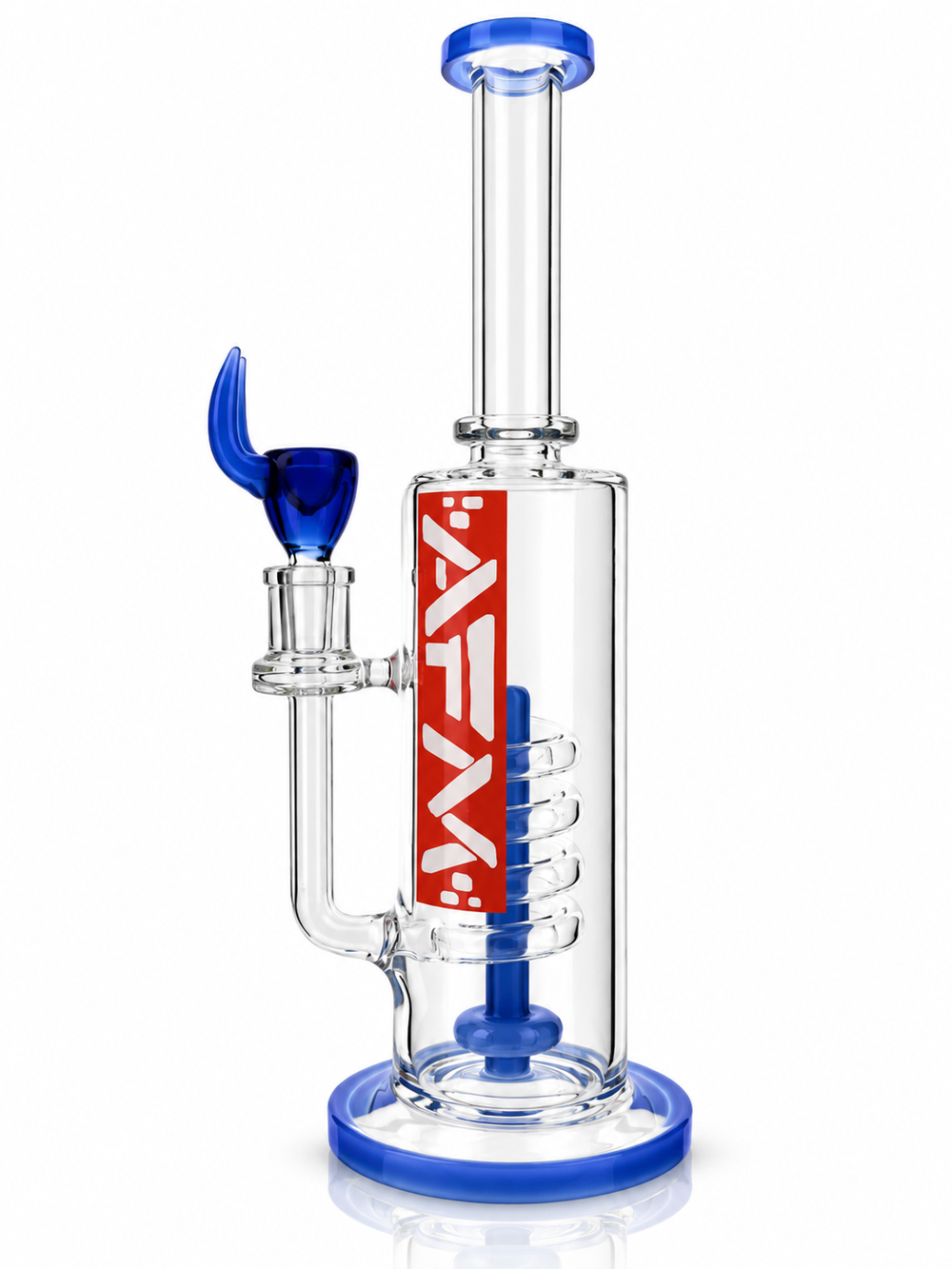 Side view of the 13 inch AFM Red Label Swirl dab rig in Ink Blue showing the joint and spiral showerhead perc