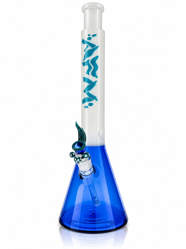 18 inch AFM All Groovy beaker bong in Blue with white neck, teal wavy AFM logo and teal mushroom bowl