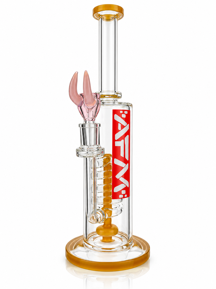 13 inch AFM Red Label Swirl dab rig in Amber with red box AFM logo, amber spiral perc and pink horn bowl