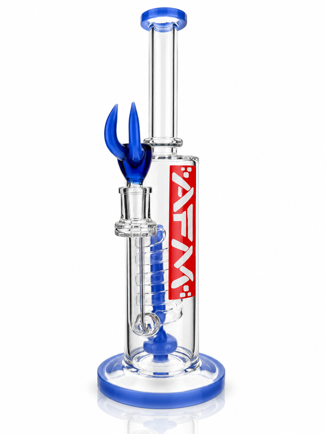 13 inch AFM Red Label Swirl dab rig in Ink Blue with red box AFM logo, spiral perc and blue horn bowl