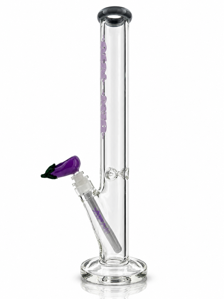 Side view of the 18 inch AFM Purple Eggplant straight tube showing the ice pinch, purple downstem and eggplant bowl