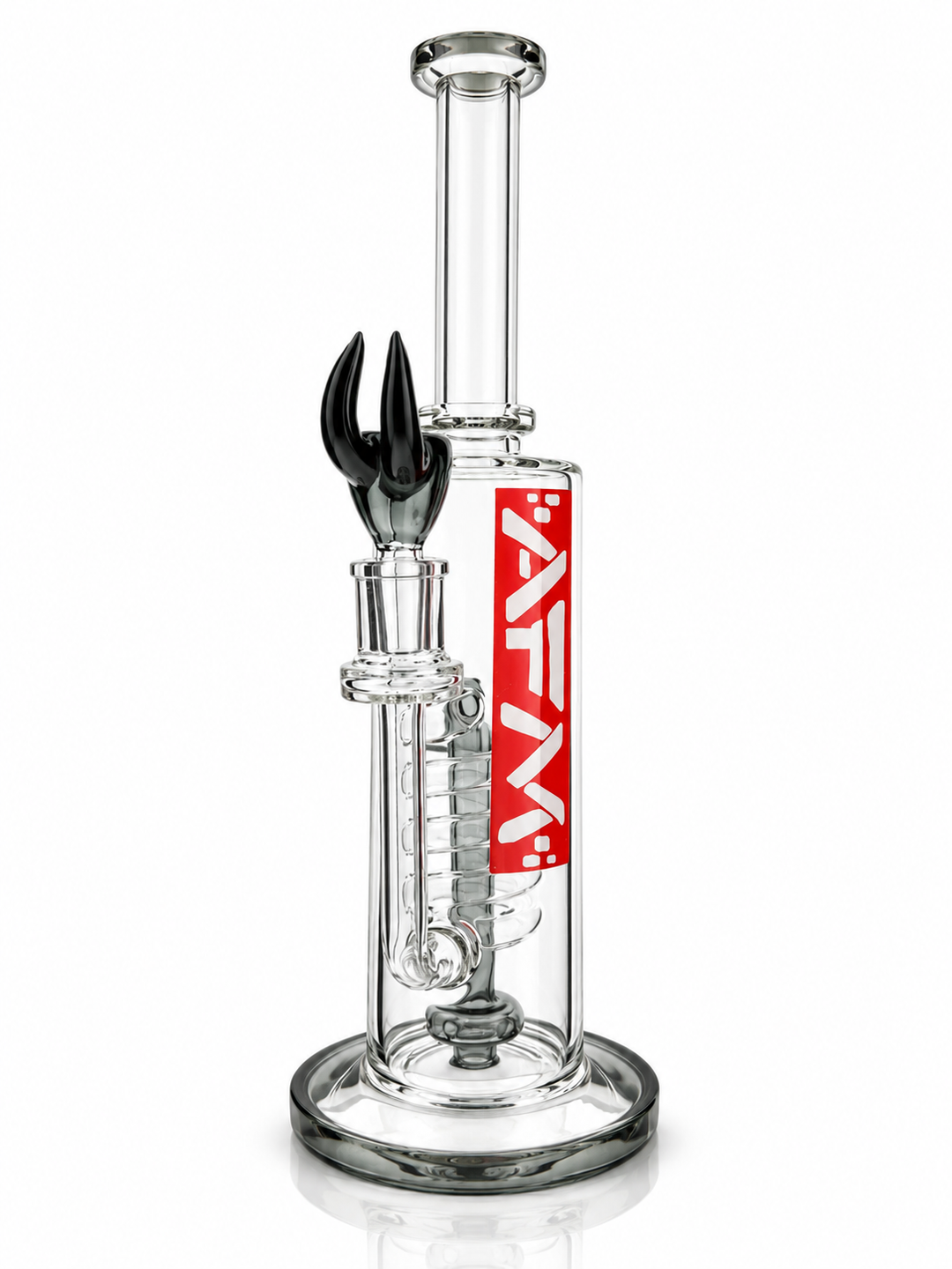13 inch AFM Red Label Swirl dab rig in Smokey with red box AFM logo, smokey spiral perc and black horn bowl