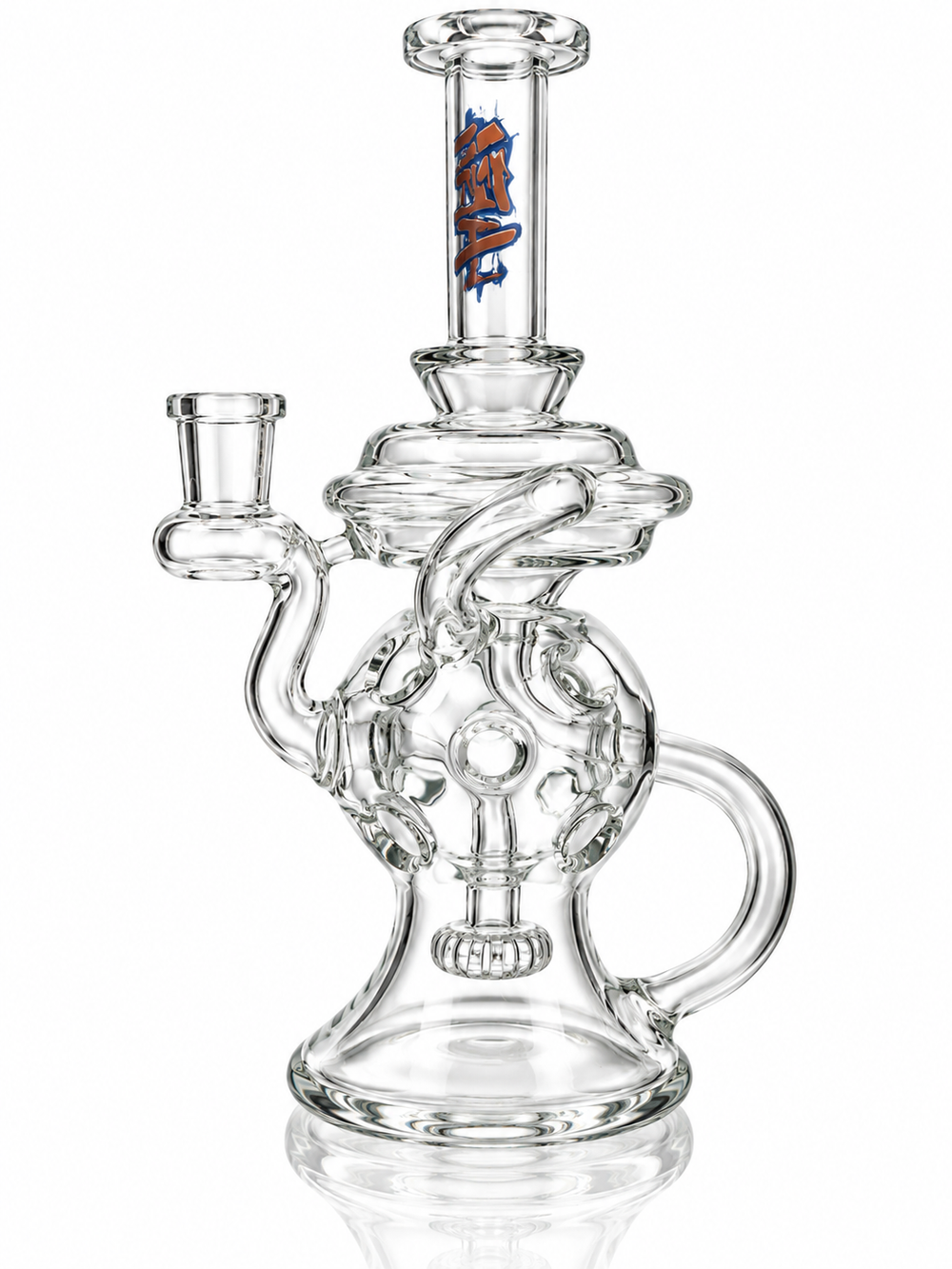 AFM 9" Swiss Tag clear recycler dab rig with AFM tag in the neck, angle view