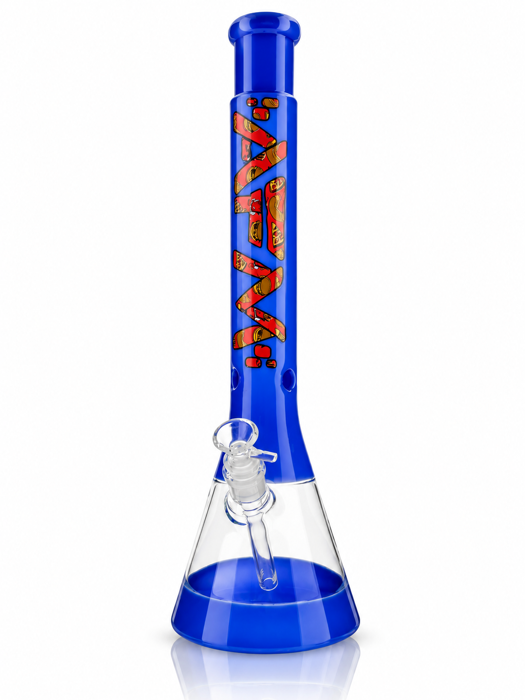 18" AFM Munchie Time cobalt blue beaker bong with red and orange snack AFM decal