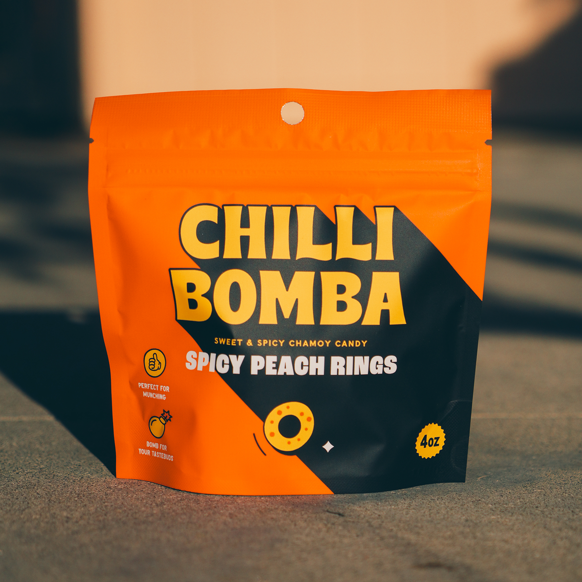 Chilli Bomba Spicy Peach Rings Chili Chamoy Candy 4oz Bag