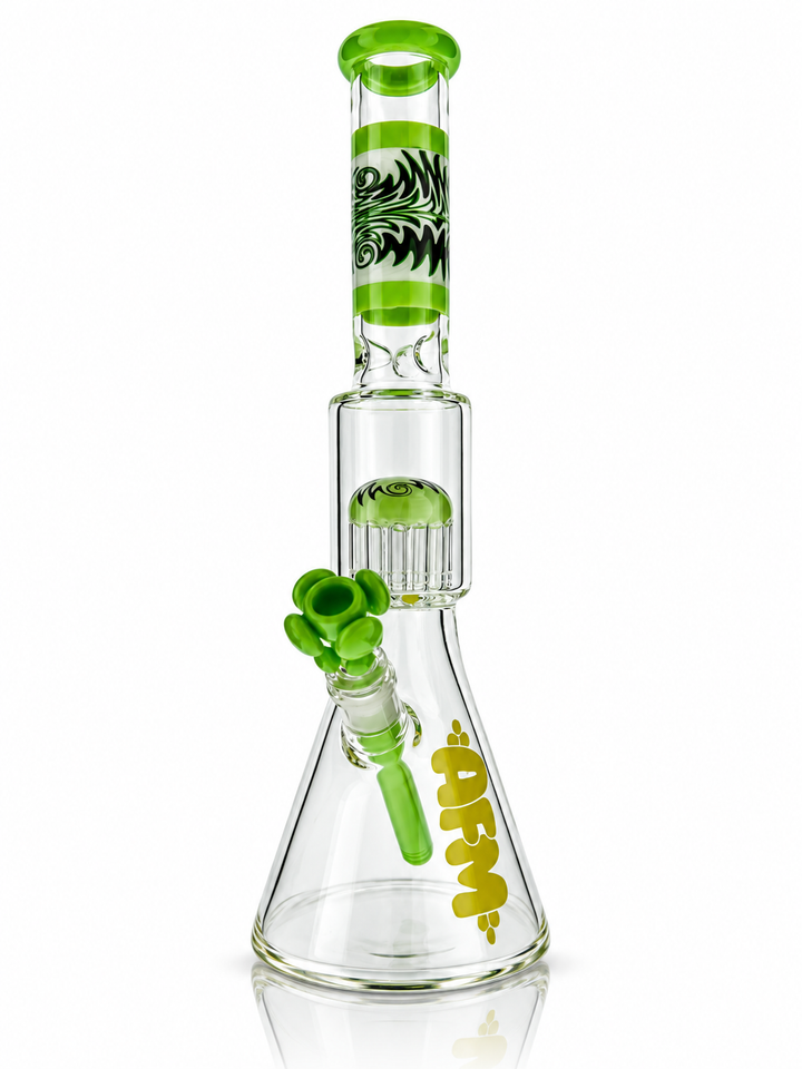 16 inch AFM WigWag tree perc beaker bong in Slime with lime wigwag neck, yellow bubble AFM logo and lime color bowl