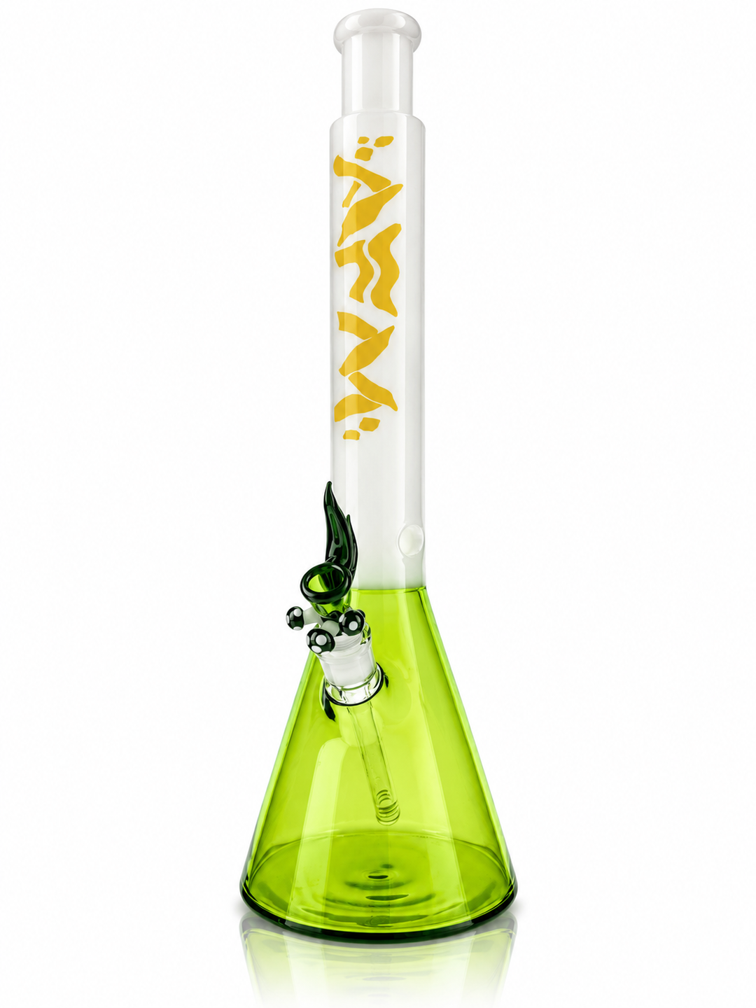 18 inch AFM All Groovy beaker bong in Lime with white neck, yellow wavy AFM logo and green mushroom bowl