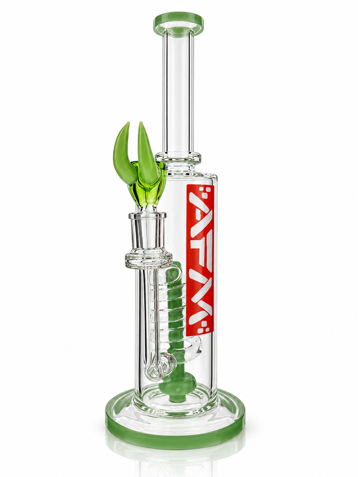 13 inch AFM Red Label Swirl dab rig in Mint with red box AFM logo, mint spiral perc and green horn bowl