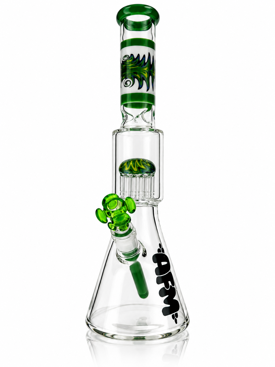 16 inch AFM WigWag tree perc beaker bong in Forest Green with green wigwag neck, black AFM logo and green color bowl