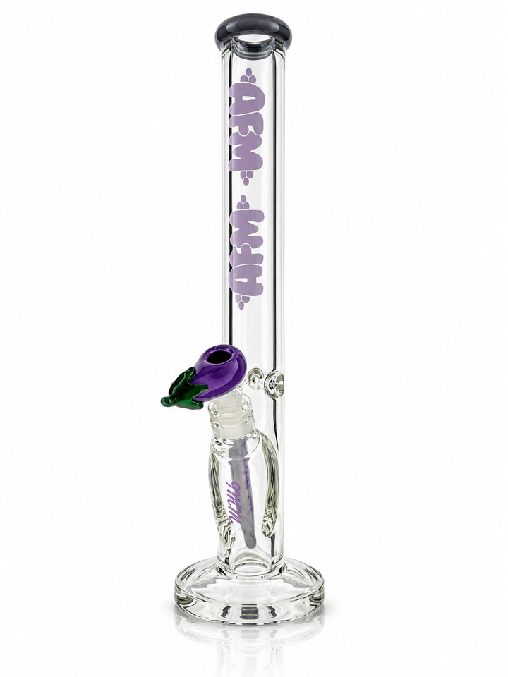 18 inch AFM 1 of 1 Purple Eggplant 9mm straight tube bong with lavender AFM logo, gray lip and eggplant bowl
