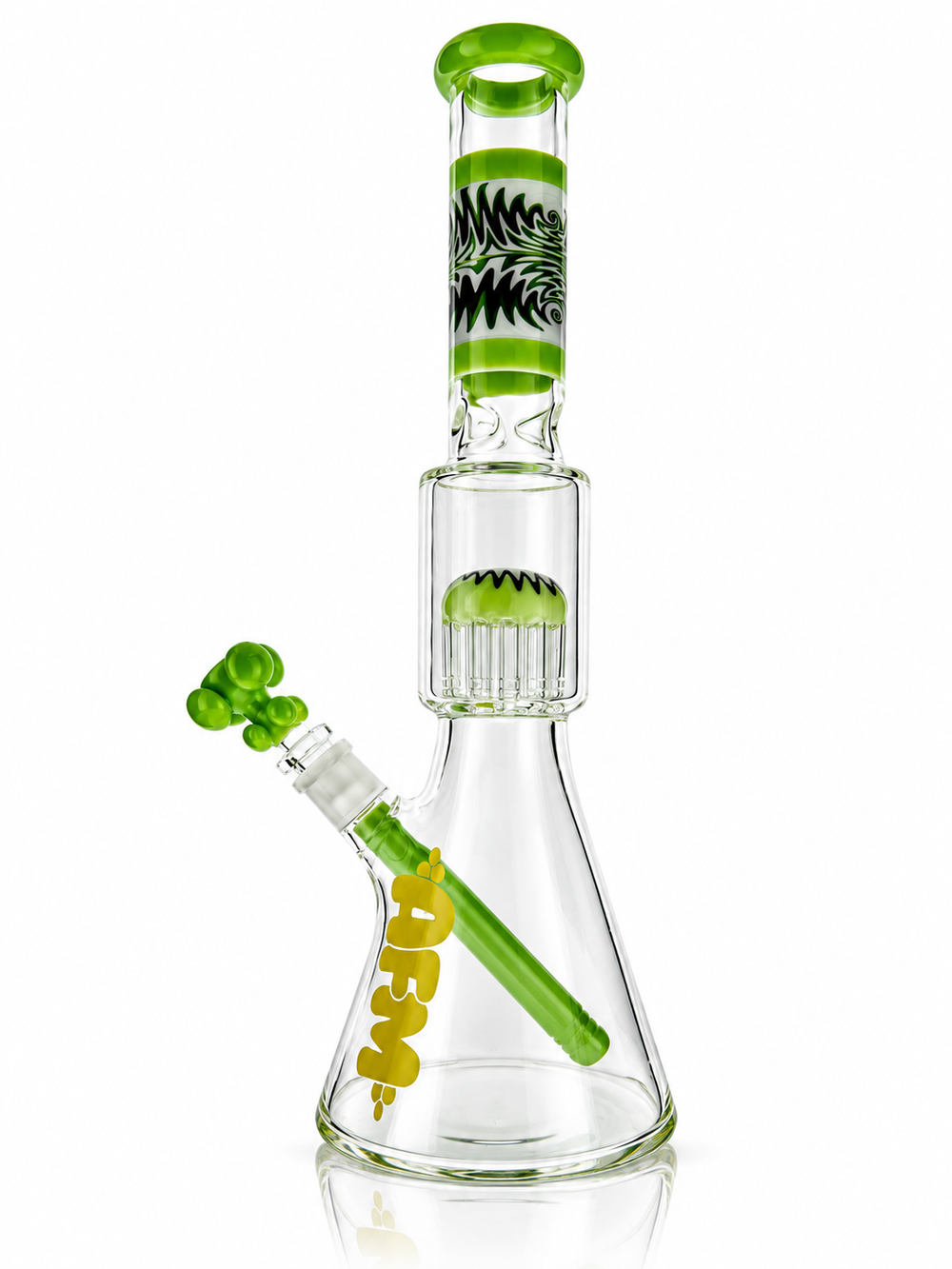 Side view of the 16 inch AFM WigWag tree perc beaker bong in Slime showing the 5 inch lime color downstem and bowl