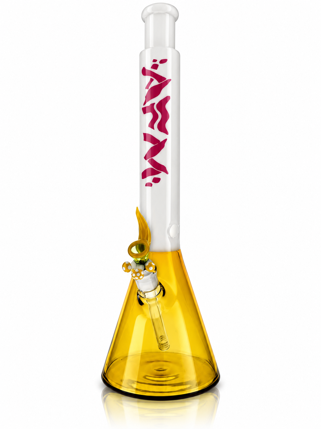 18 inch AFM All Groovy beaker bong in Amber with white neck, magenta wavy AFM logo and amber mushroom bowl