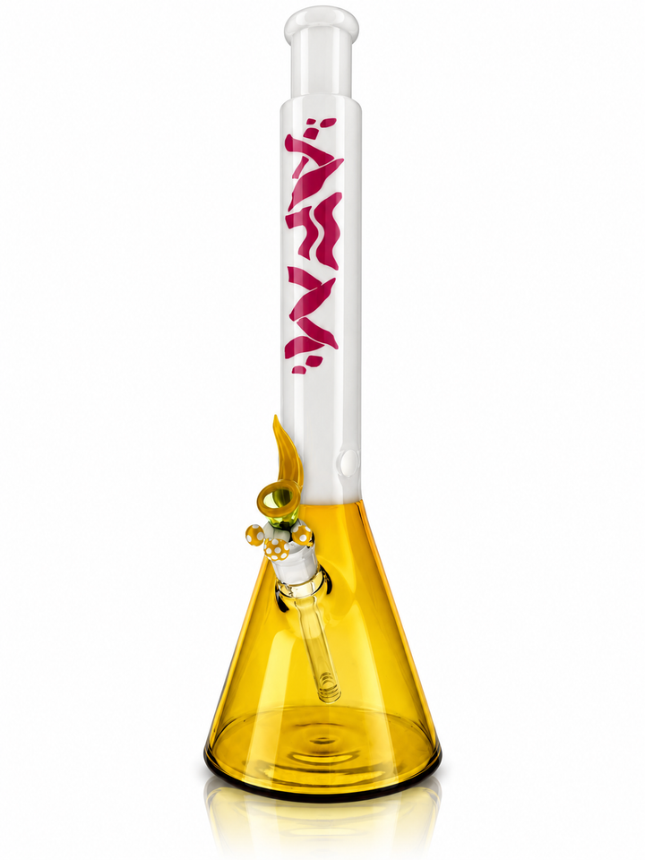 18 inch AFM All Groovy beaker bong in Amber with white neck, magenta wavy AFM logo and amber mushroom bowl