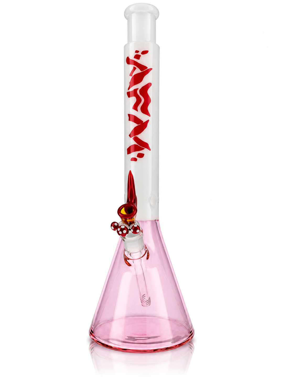 18 inch AFM All Groovy beaker bong in Pink with white neck, red wavy AFM logo and red mushroom bowl