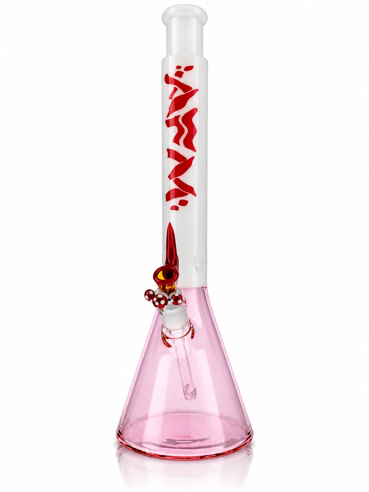 18 inch AFM All Groovy beaker bong in Pink with white neck, red wavy AFM logo and red mushroom bowl