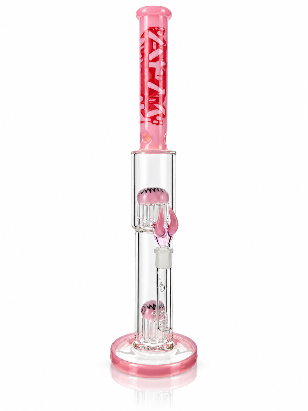 18" AFM Pink Drip straight tube bong with pink drip AFM neck and double tree perc, front view