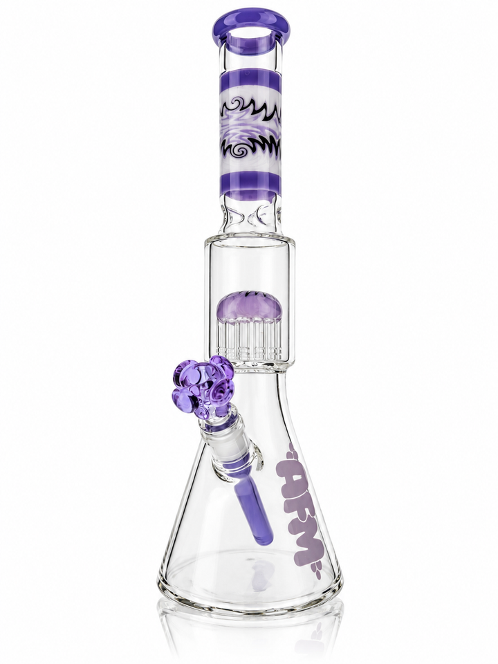 16 inch AFM WigWag tree perc beaker bong in Purple with purple wigwag neck, lavender AFM logo and purple color bowl