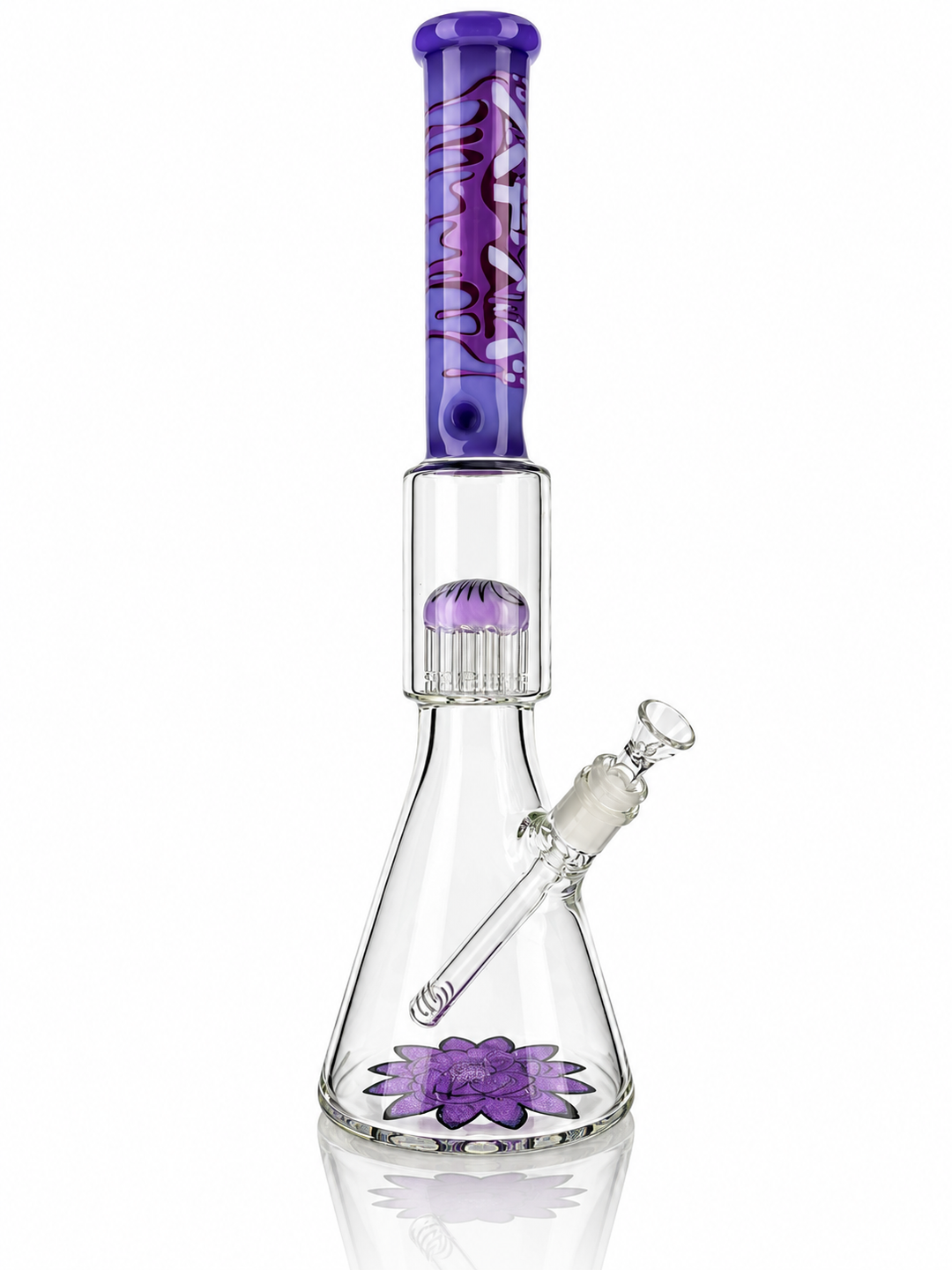 18" AFM Purple Lotus Drip beaker bong with purple lotus flower base and bowl, side view