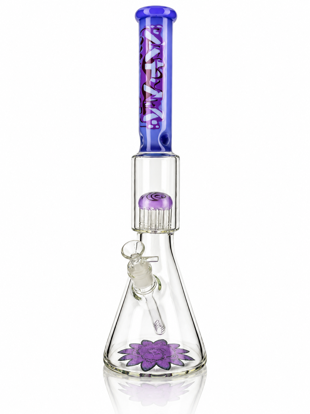 18" AFM Purple Lotus Drip beaker bong with purple drip neck, tree perc and lotus base, front view