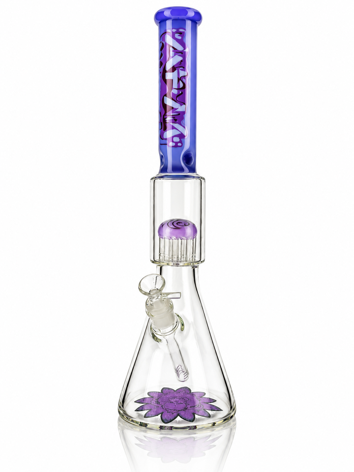 18" AFM Purple Lotus Drip beaker bong with purple drip neck, tree perc and lotus base, front view