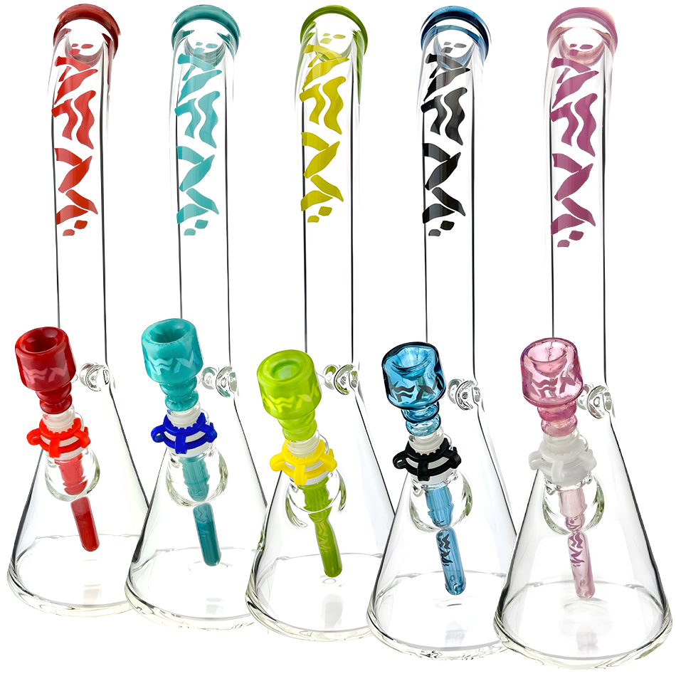 18" Wavy Bent Neck 7mm Colored Lip Glass Beaker Bong Bundle | AFM Smoke