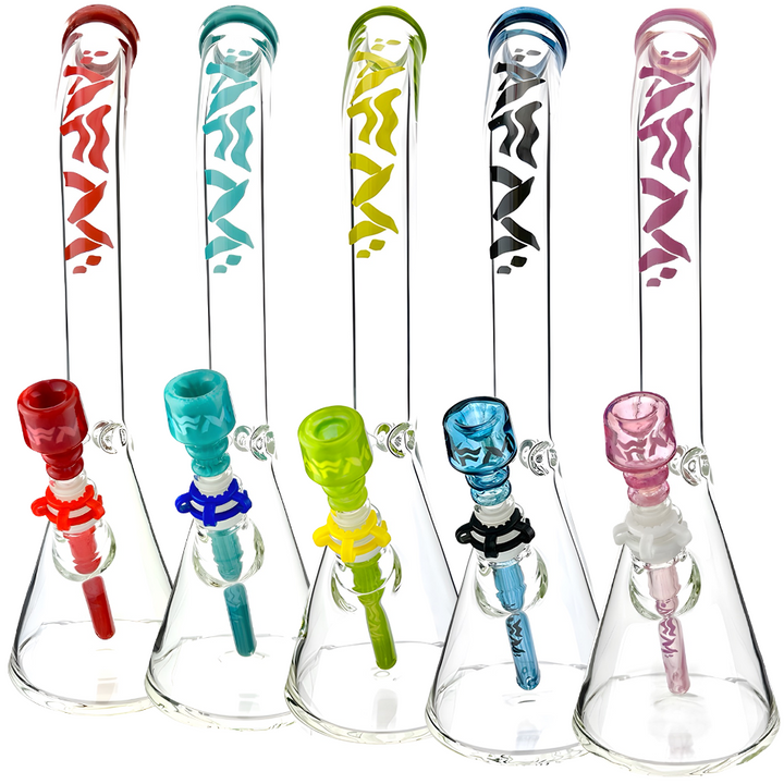 18" Wavy Bent Neck 7mm Colored Lip Glass Beaker Bong Bundle | AFM Smoke