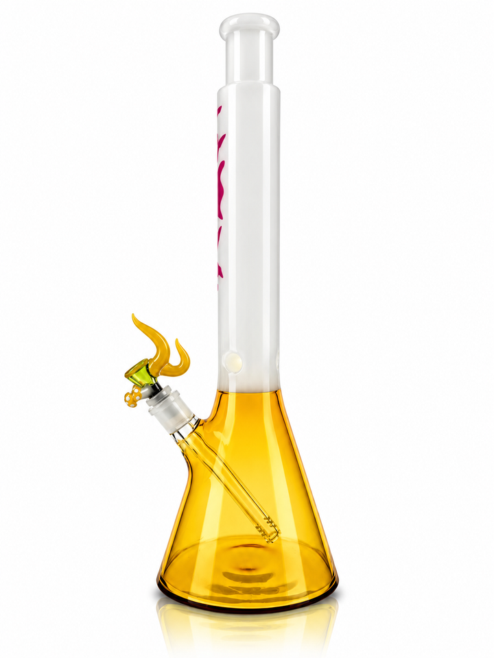 Side view of the 18 inch AFM All Groovy beaker bong in Amber showing the downstem and amber mushroom bowl