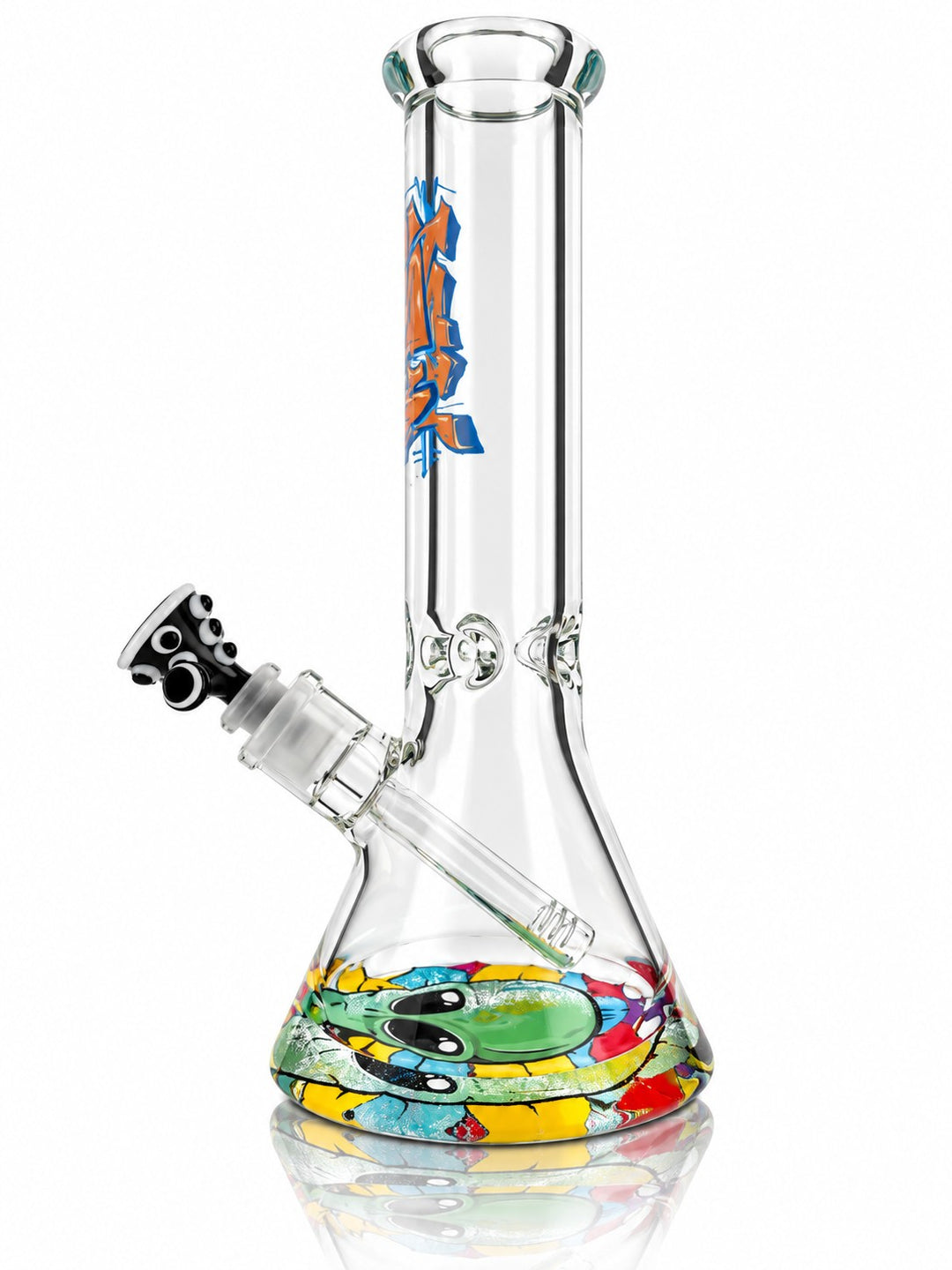 AFM Graffiti beaker bong Multi-Color, side view of the downstem, bowl and alien base