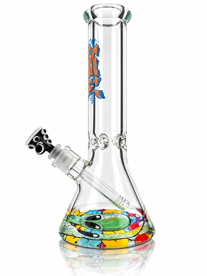 AFM Graffiti beaker bong Multi-Color, side view of the downstem, bowl and alien base