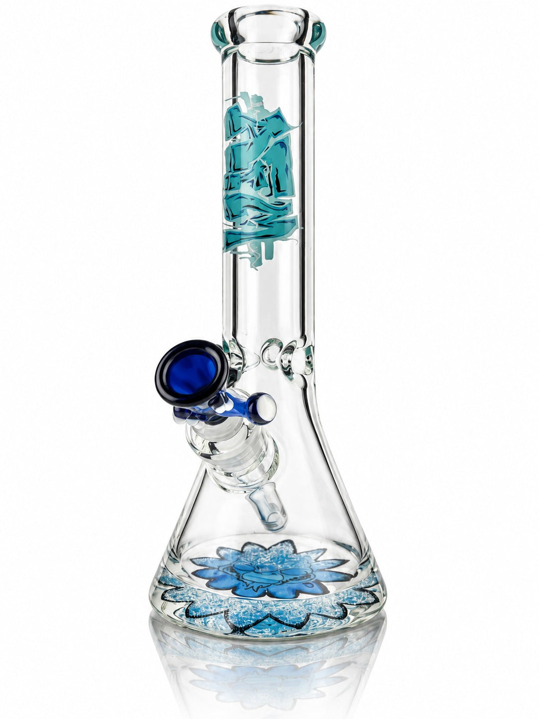 12 inch AFM Graffiti 7mm glass beaker bong, Blue Flower art base with cobalt bowl
