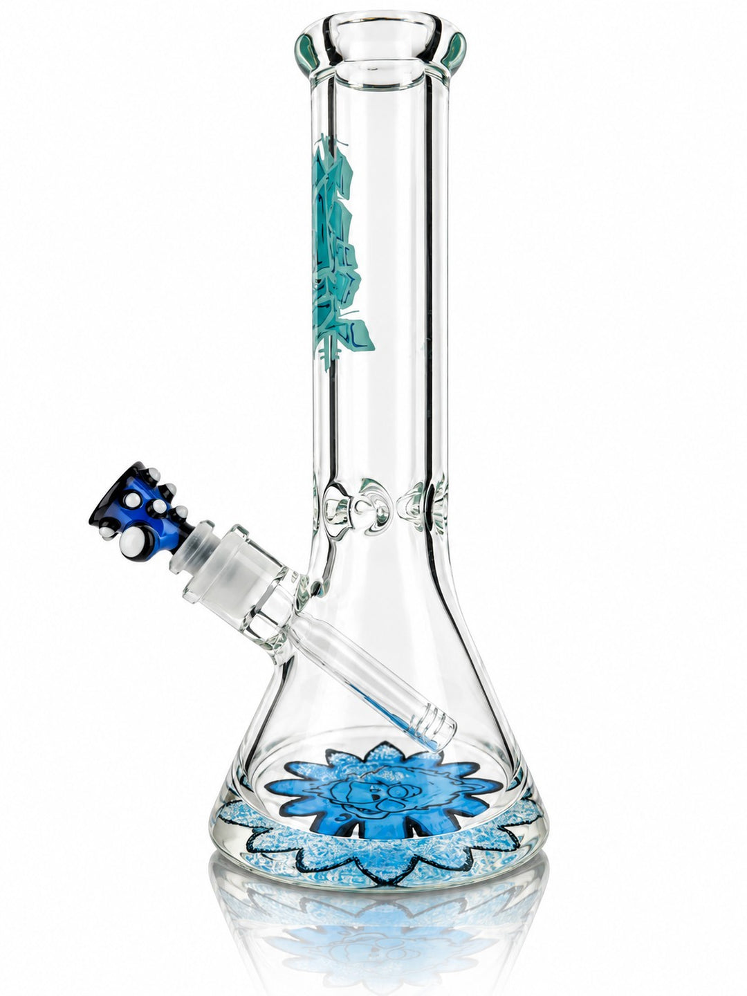 AFM Graffiti beaker bong Blue Flower, side view of the downstem, bowl and flower base