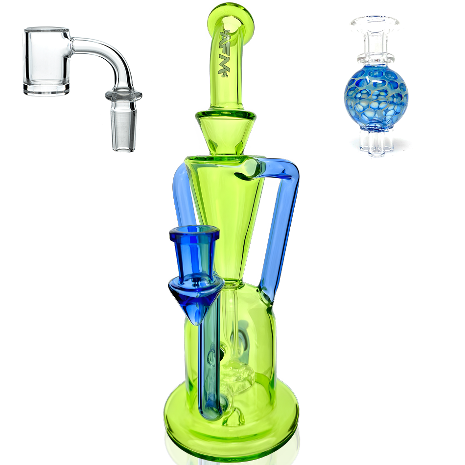 9" Poppy Color Glass Recycler Dab Rig + Quartz Banger & Carb Cap Bundle