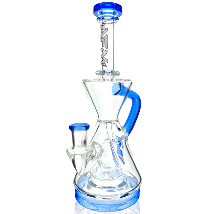 A 9-inch tall magnolia color lip recycler dab rig with a clear glass body and blue accents, featuring a flared mouthpiece and a pyramid perc.